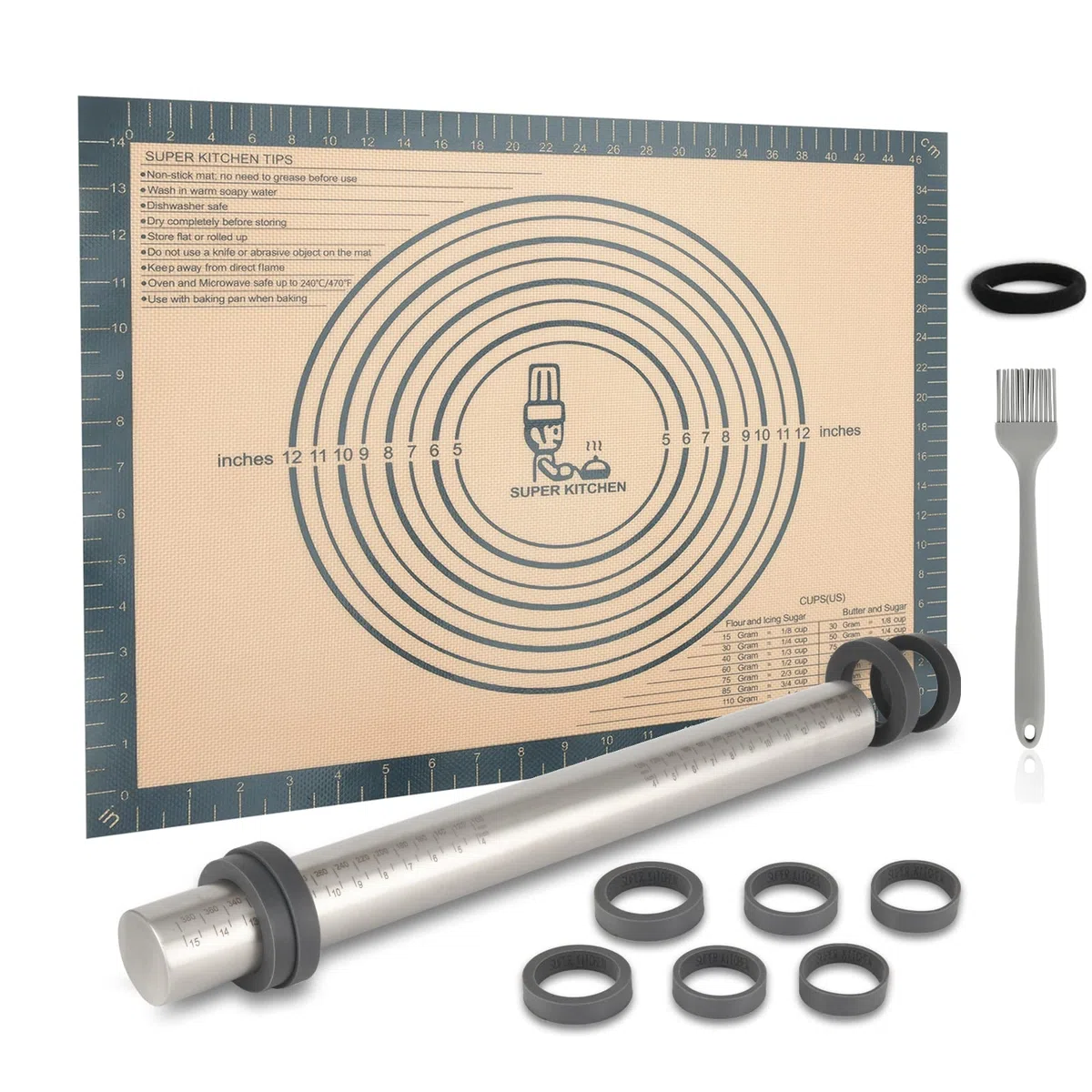 SUPER KITCHEN Mattarello in Acciaio Inox Con 5 Dischi Regolabili Anello, Stuoia di Rolling della Pasticceria del Silicone 50x40cm Antiaderente Tappetino da Forno spianatoia per impastare (Grigio)