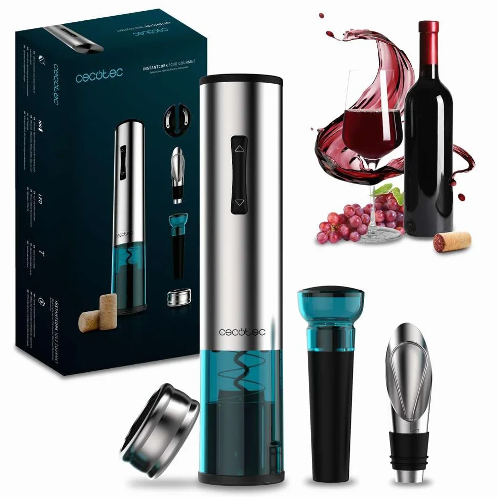 Cecotec InstantCork 1000 Gourmet - Apribottiglie elettrico in soli 8 secondi, funziona con 4 batterie, luce LED, ago elicoidale in acciaio, corpo in acciaio inox