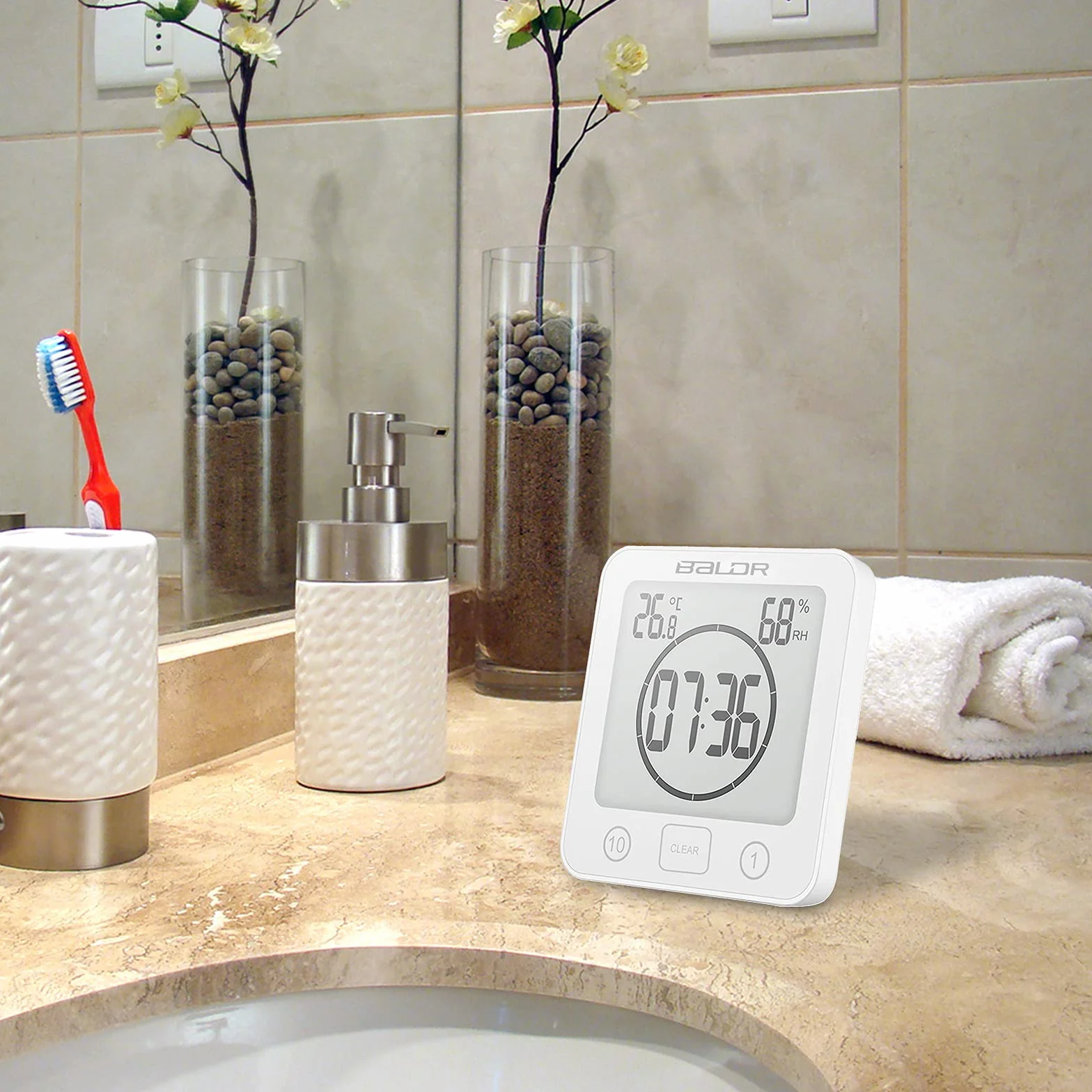 ALLOMN Orologio da Bagno, Doccia Orologio Allarme Impermeabile Toccare Controllo ℃/℉ umidità Temperatura, Timer per il Conto Alla Rovescia, 3 Metodi di Montaggio, Alimentazione a Batteria (Bianca)