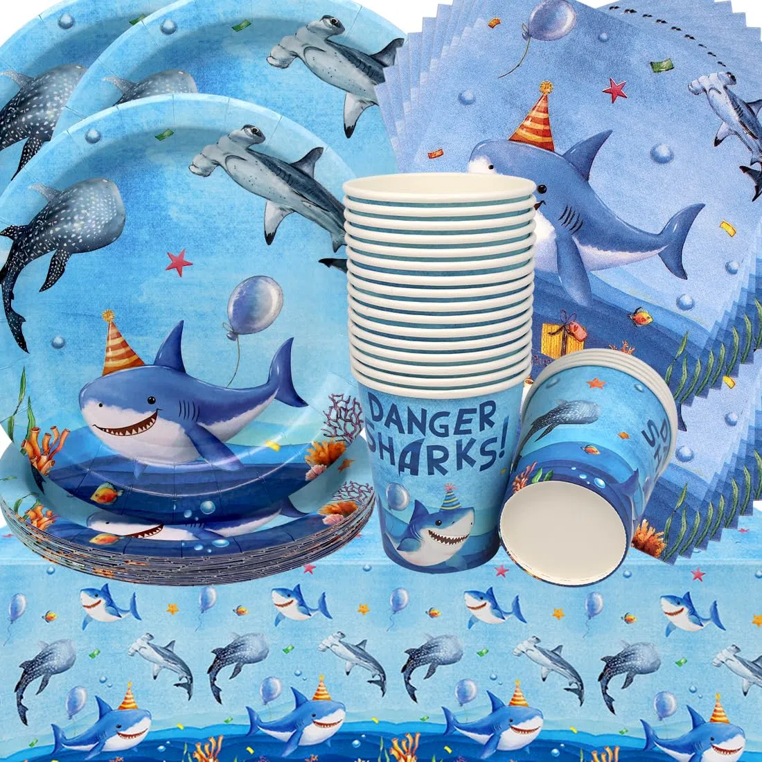 Stoviglie per Feste Squalo,Doyomtoy Animali Oceanici Compleanno Squali Decorazioni Ocean Sea Piatti di Compleanno, Tazze, Tovaglioli per Bambini Compleanno Favors 20 Ospiti