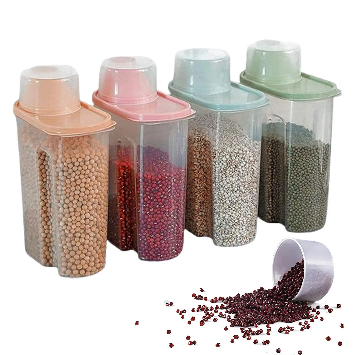 4 Pezzis Contenitore Ermetico Cereali Alimentare, porta cereali da colazione dispenser, Serbatoio Alimenti Secchi, Trasparente Airtight Secco Contenitore Alimenti, Caffè, Farina con Misurino (large)