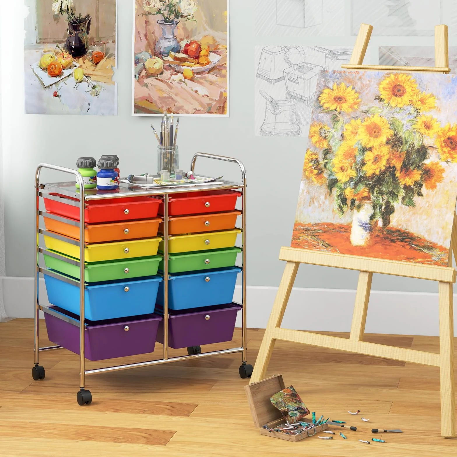 COSTWAY Carrello con 12 Cassetti con Ruote, Carrello di Stoccaggio Multiuso con Ampio Spazio di Archiviazione, Ideale per Casa Ufficio Domestico, 73,5 x 37 x 63 cm (Colorato)