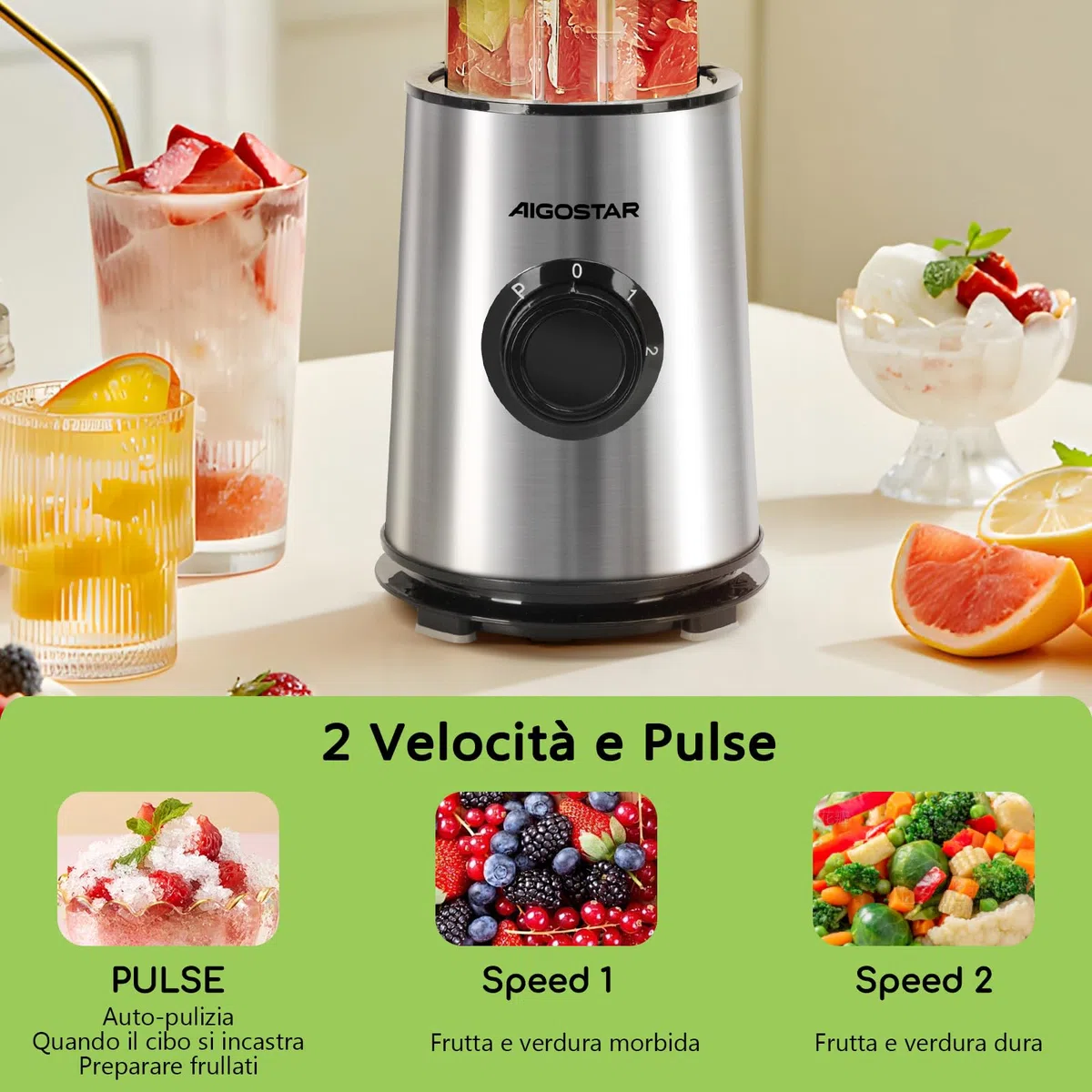 Aigostar Frullatore Portatile, Frullatore Elettrico con borraccia da 2 * 800ml BPA FREE, 2 Velocità e Pulse, 4 Lame Inox, 600W, per Frullati, Trita Ghiaccio e Frutta Congelata. Nero, Baron.