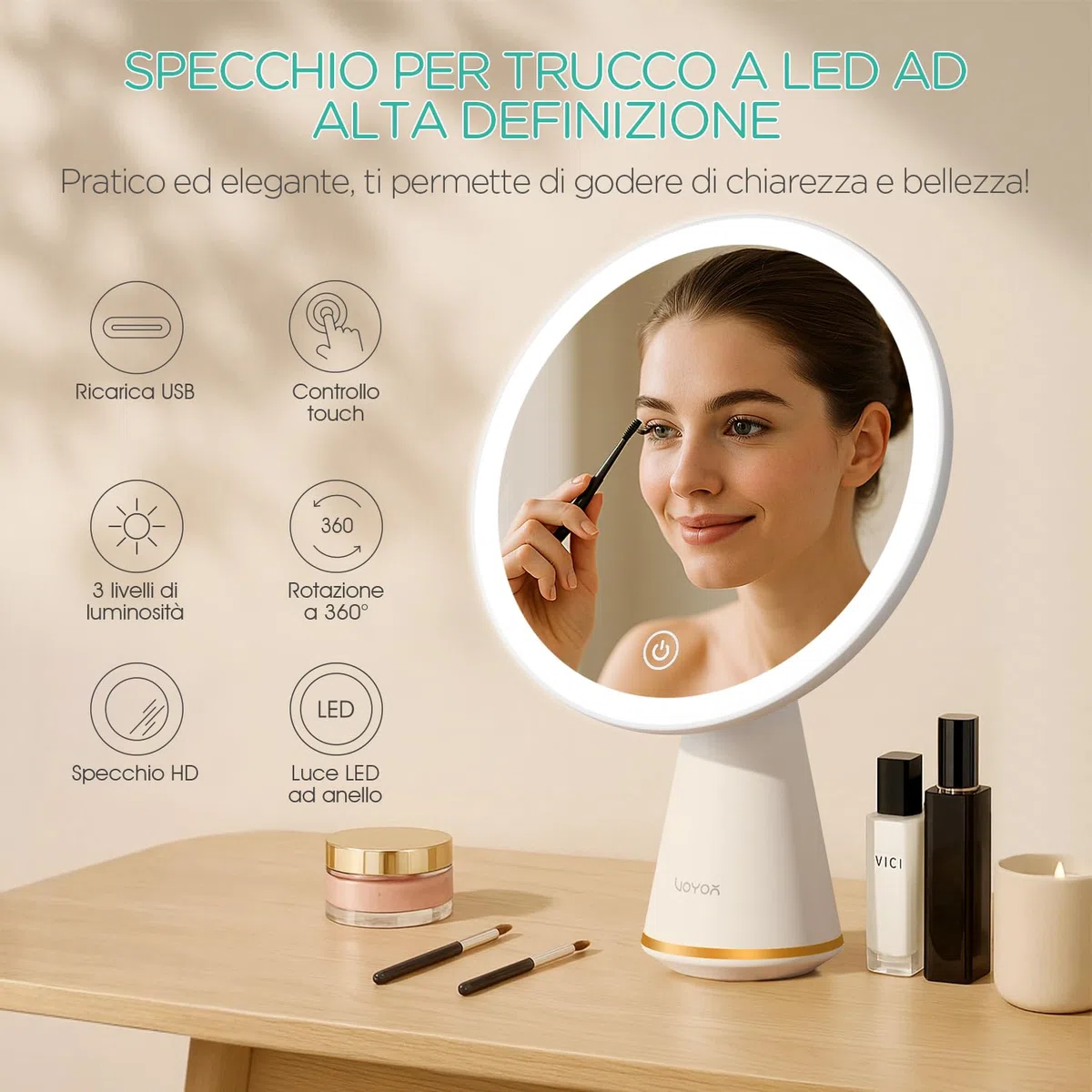 VOYOR Specchio Trucco con Luci Rimovibile Specchio da Tavolo Angolo Regolabile Specchio Portatile Ricaricabile da Viaggio Specchio Led Trucco Luminosità Regolabile Specchio CM110