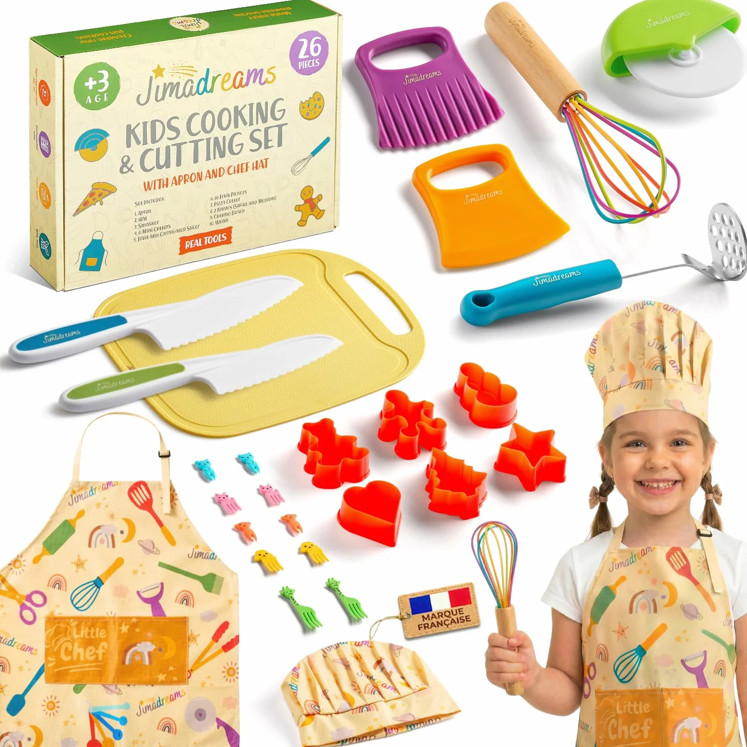 Set Cucina Bambini Montessori con Coltelli Antitaglio, Utensili Veri e Sicuri, Grembiule e Cappello da Chef - Kit Cucina e Pasticceria per Bambini - Regalo Bambina e Bambino dai 3 Anni