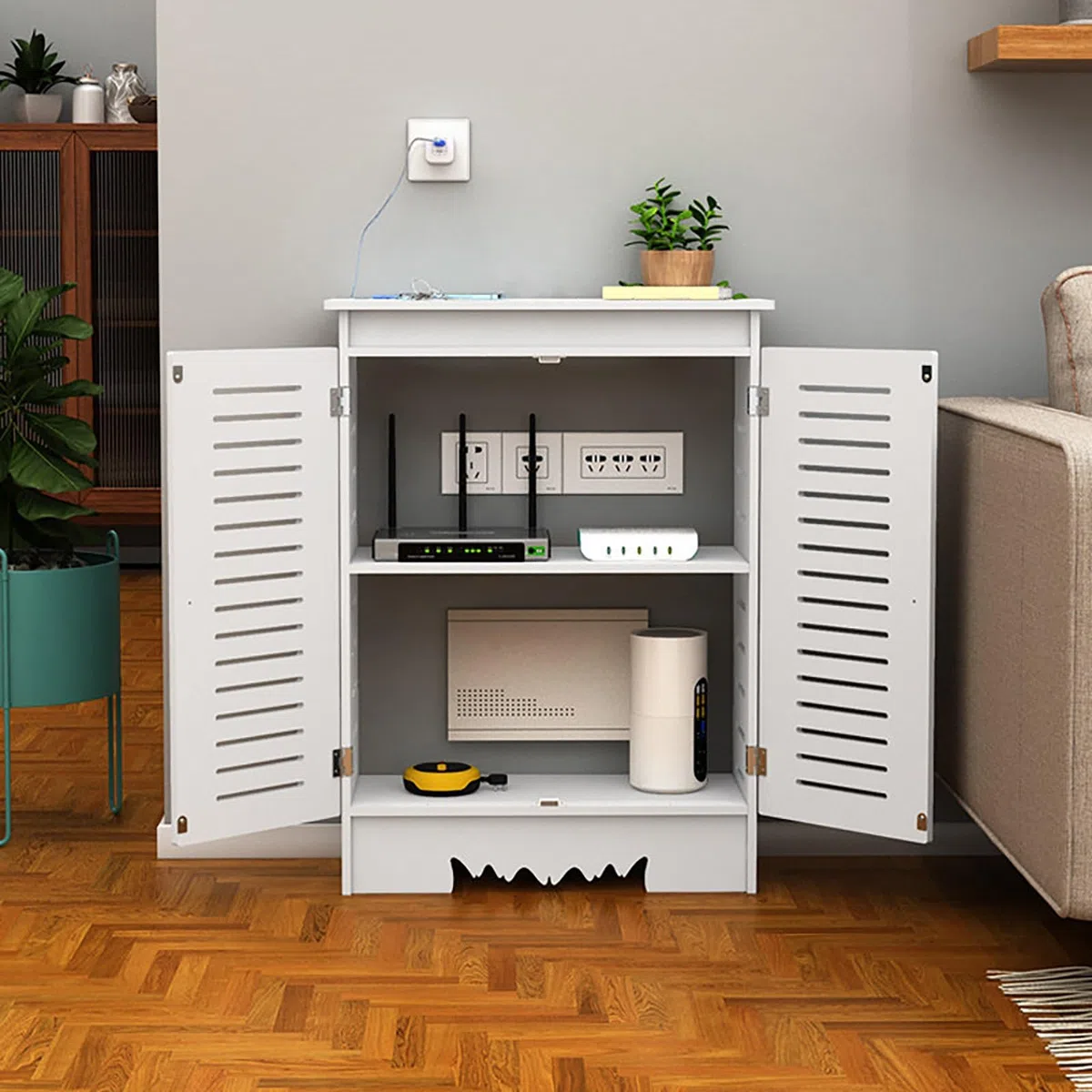Router Armadio di Stoccaggio WiFi Multimedia TV Rack di Immagazzinaggio con Sportello per Camera Soggiorno e Ufficio Casa.(50x60x30cm)