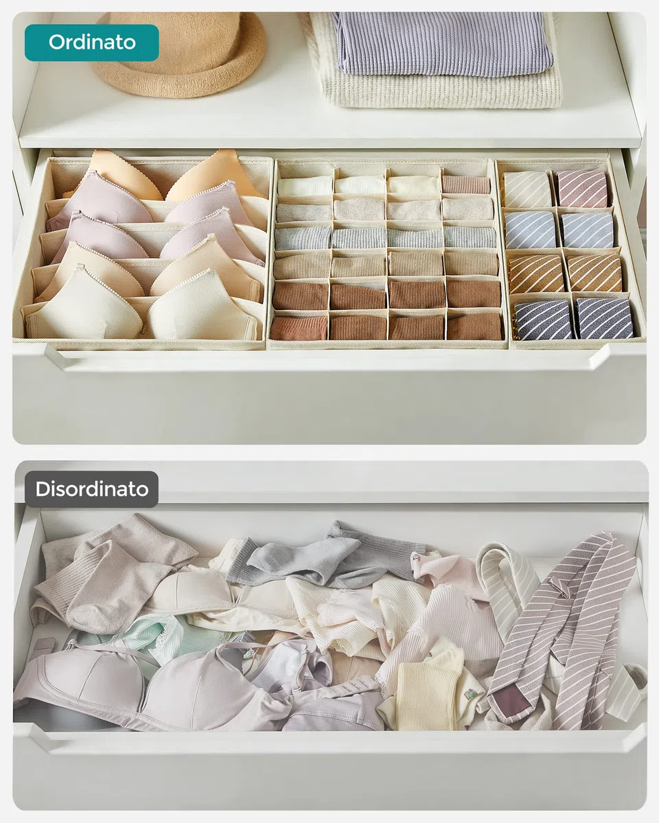 SONGMICS Set di 8 Divisori per Cassetti, Organizzatori per Biancheria Intima Pieghevole, per Reggiseni Mutande Calzini Cravatte, Scatole Portaoggetti in Tessuto per Armadio, Beige RUS008M01