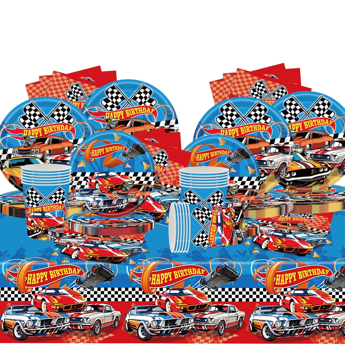 81 pezzi Stoviglie Compleanno Hot Whels, Decorazioni per Feste Compleanno Auto, Stoviglie per Feste Car Piatti Carta, Bicchieri, Tovaglioli e Tovaglia per 20 ospiti