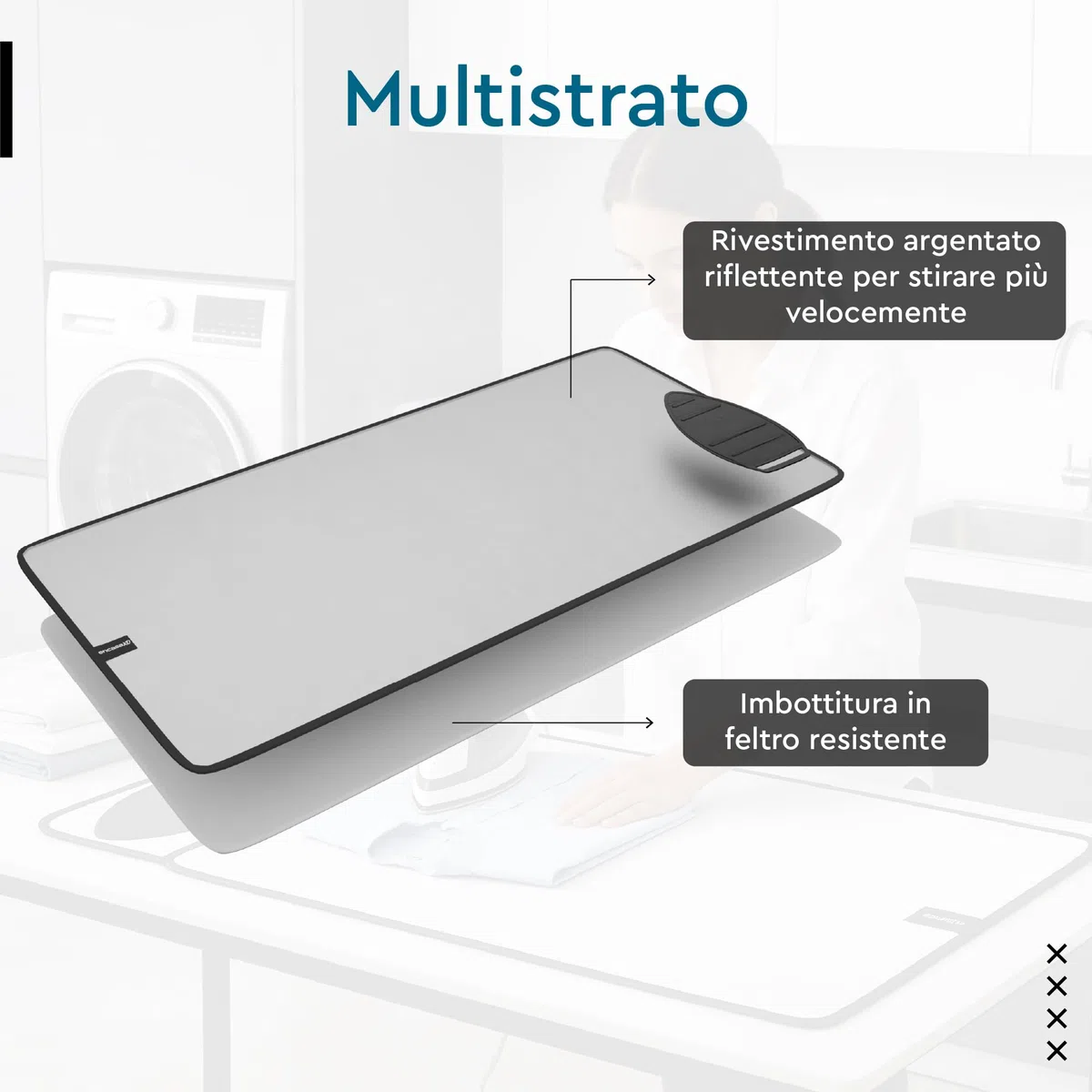 Encasa XO Ironing Mat/Pad - Argento metallico (grande 70x50 cm) con 5 mm di imbottitura in schiuma e ferro da stiro in silicone per la pressatura a vapore su tavolo o letto