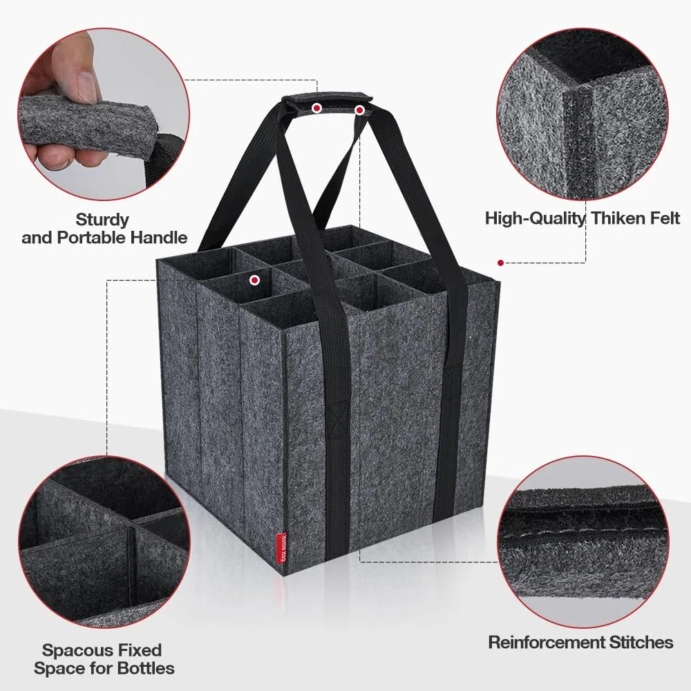 Eurhomewit Borsa per Bottiglie Vino Acqua in Feltro, 9 Scomparti Borse Porta Vino Portabottiglie, Borsa Trasporto per Vino Bottiglie in Vetro 1,5 litri, Riutilizzabile - Nero