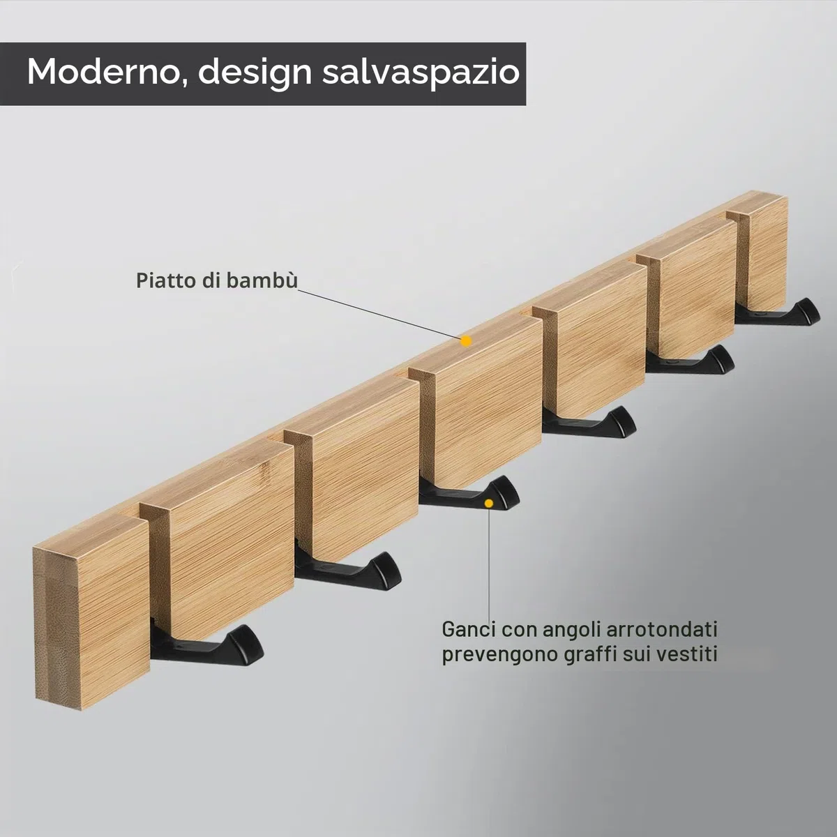 ANVODE Appendiabiti da Parete con 6 Ganci Retrattili Attaccapanni Cappotto da Muro Legno