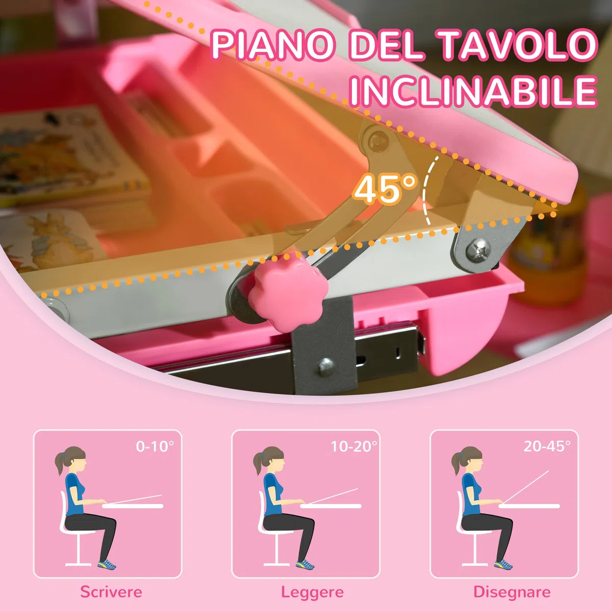 HOMCOM Banco Scuola per Bambini 6-12 Anni Regolabili in Altezza, Set Scrivania e Sedia per Bambini con Piano Inclinabile 45°, Cassetto, 2 Portapenne e Gancio, Rosa