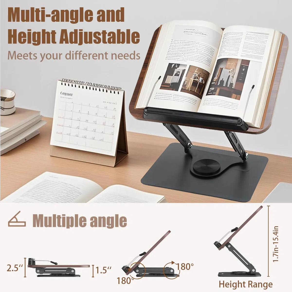 Porta Libri regolabile con pannello base girevole in legno e graffette Leggio da lettura Porta Libri resistente e porta Libri portatile per libri, cuochi, Ricette, iPad, Tablet, Spartito