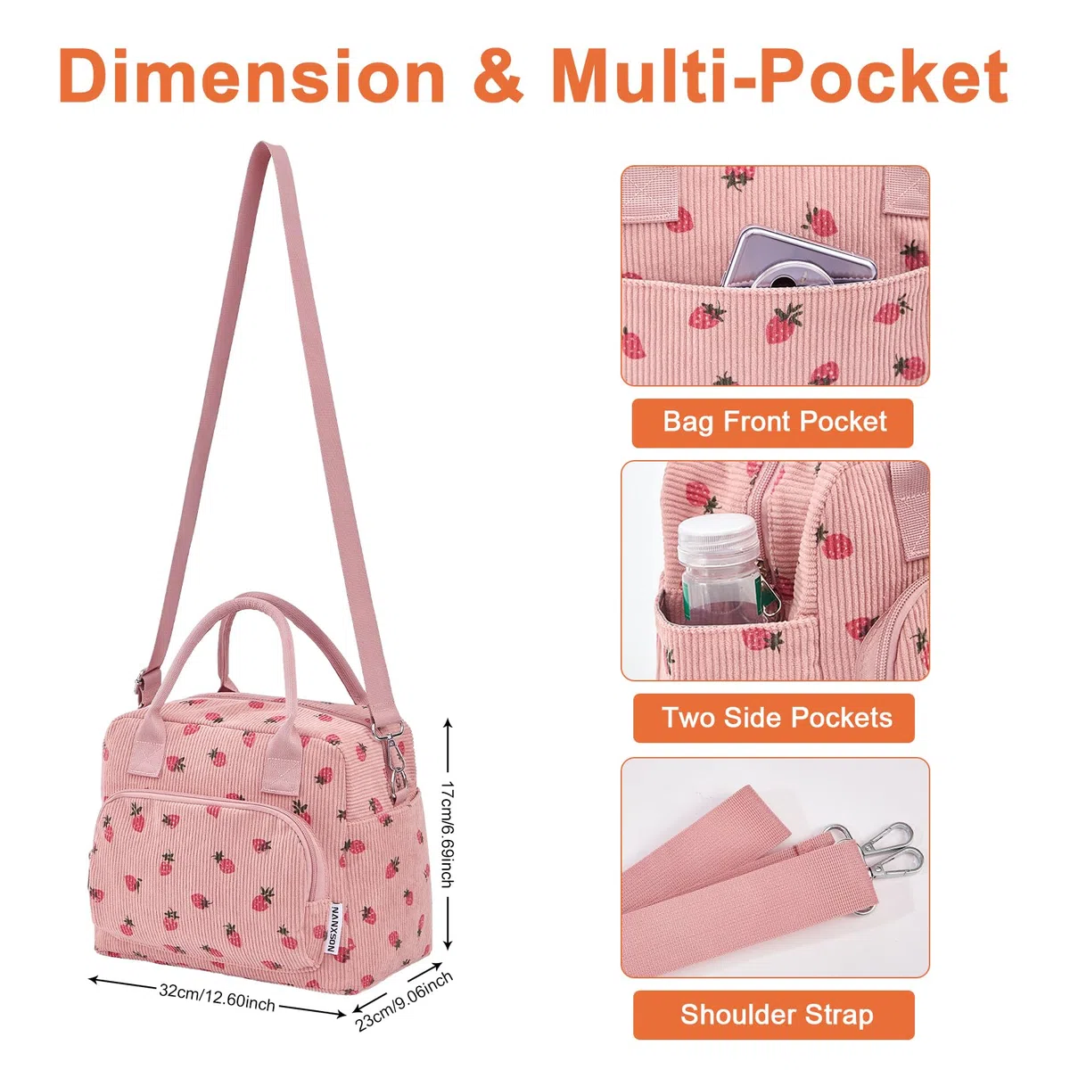 Nanxson Borsa pranzo isolata per donne uomini,12L grande capacità riutilizzabile Lunch Box Carino Corduroy Cooler Tote Borse per lavoro Picnic o viaggi(12L,Rosa Fragola)