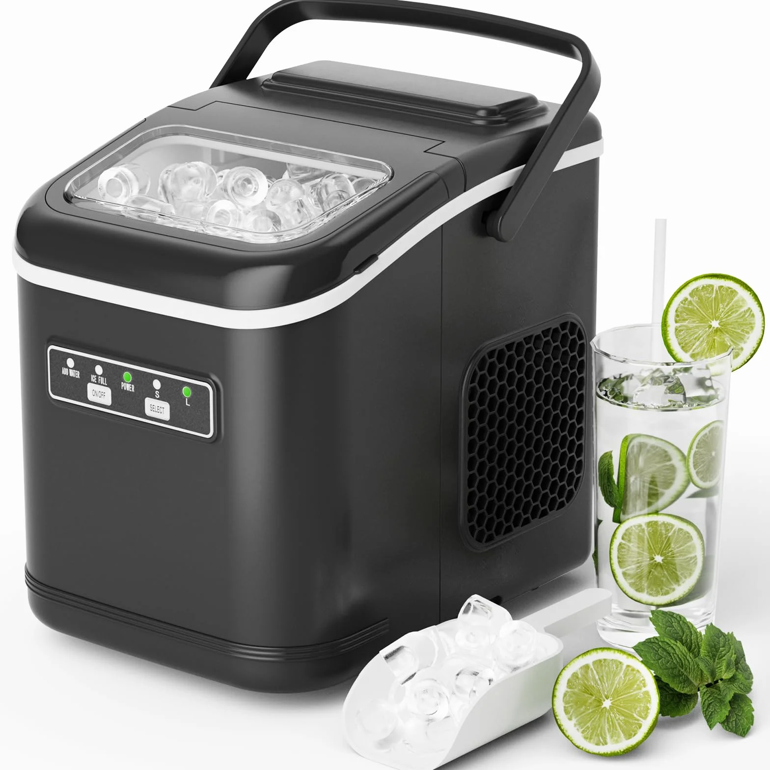 Macchina Ghiaccio, 12 kg/24h, 9 Cubetti di Ghiaccio in 6 Minuti, 2 Dimensioni di Ghiaccio, Silenzioso, Macchina del Ghiaccio Casa Autopulente con Maniglia/Cestello/Paletta, per Cucina/Ufficio/Bar
