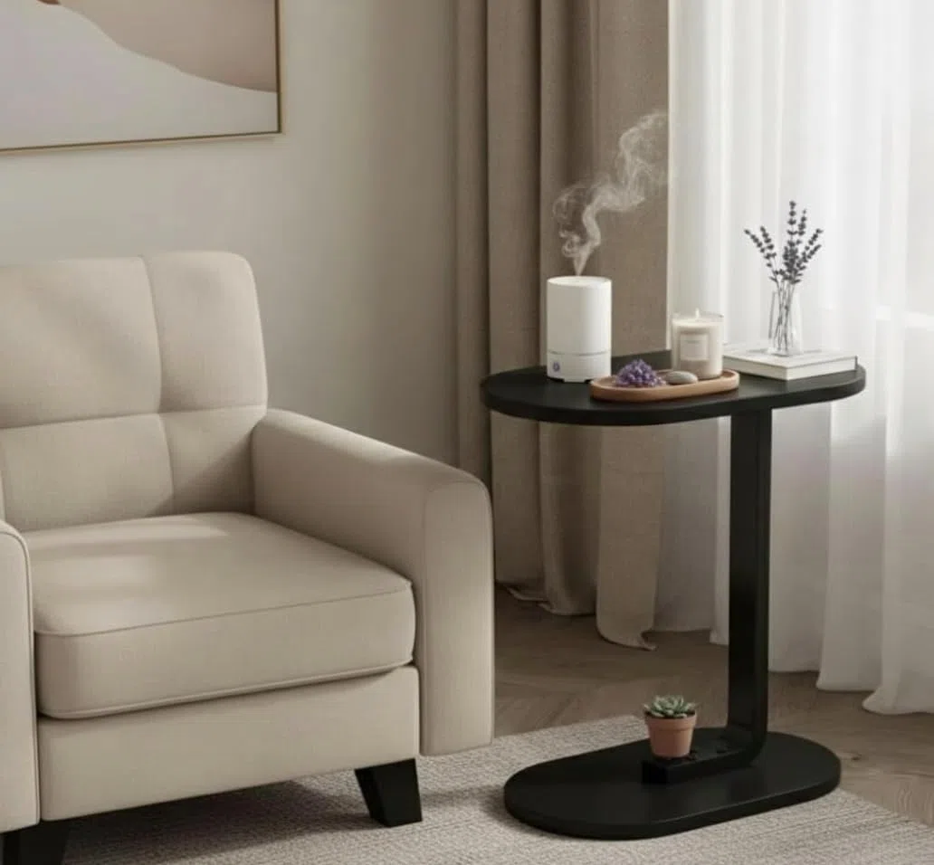 Generico bdit accessori Tavolino Laterale Moderno in Legno e Metallo, Salvaspazio 60 cm, Piano Ovale 44x28 cm, Base 40x23 cm, Comodino Minimal per Soggiorno e Camera da Letto (nero)