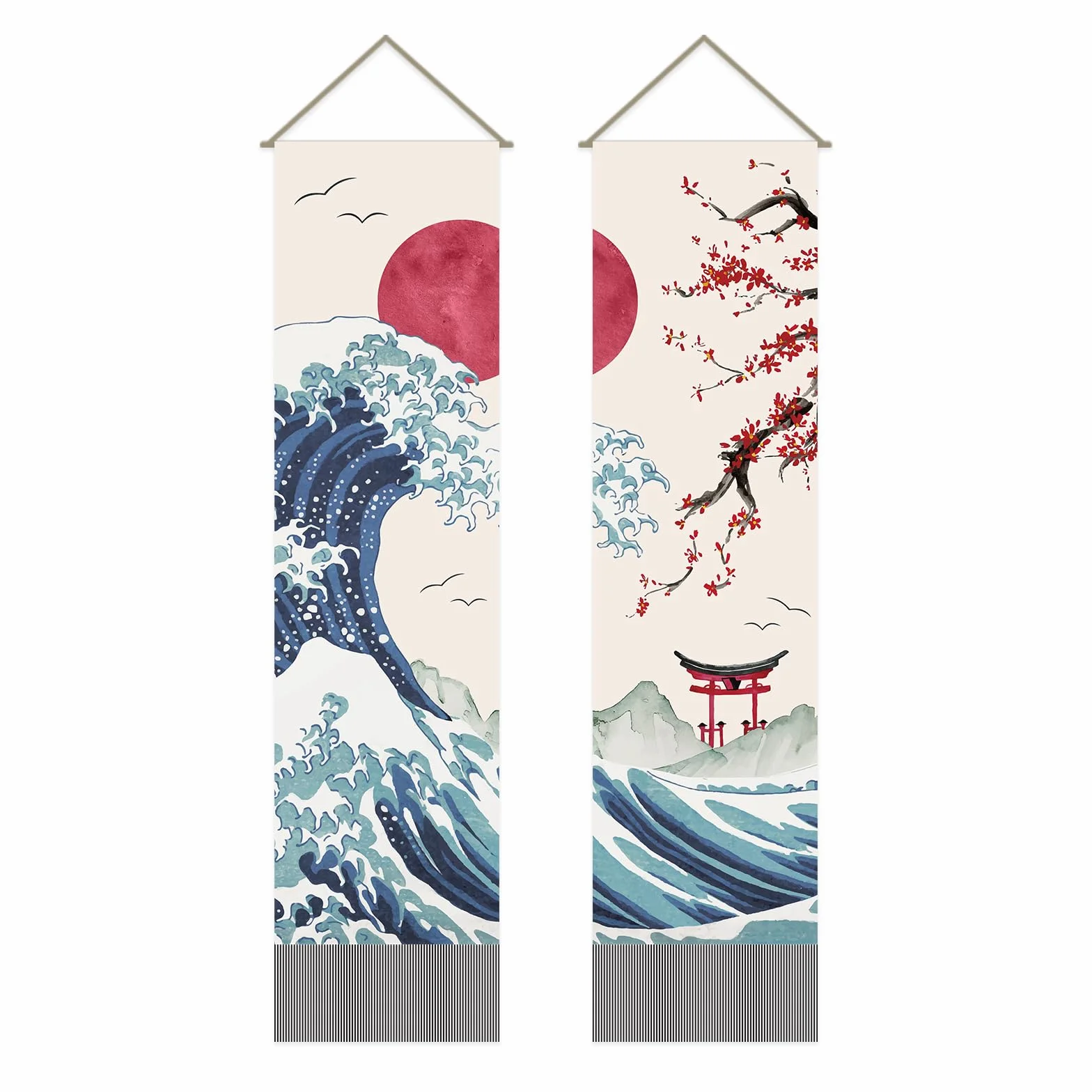 AHANDMAKER Confezione da 2 arazzi giapponesi con onde dell'oceano, sole rosso e onde e fiori di ciliegio rossi, arazzo con nappe per camera da letto, 33 x 130 cm