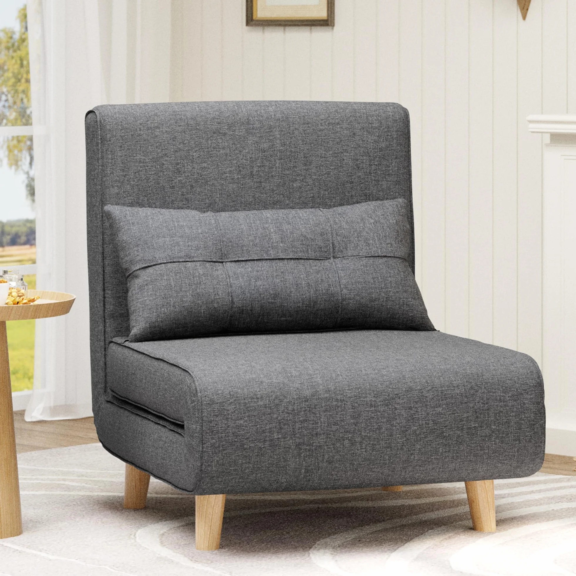 Bealife Poltrona Letto Singolo 3 in 1, Schienale Reclinabile 5 Livelli, Cuscino e Materasso Imbottiti, Divano Letto Pieghevole per Soggiorno、Camera, Lino con Gambe Legno, 75x70x75cm, Grigio
