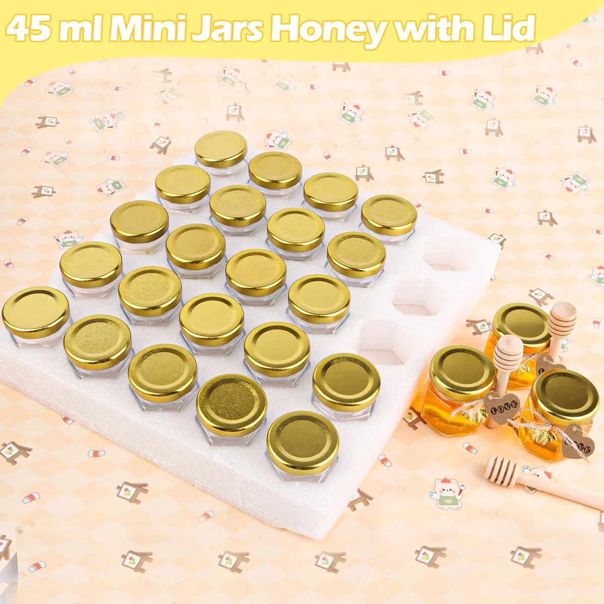 VFANDV Mini Vasetti per Miele Esagonali in Vetro, 25 Pezzi 45ml Piccoli Barattoli per Miele con Dippers di Legno, Ciondoli di Api, Biglietti di Ringraziamento