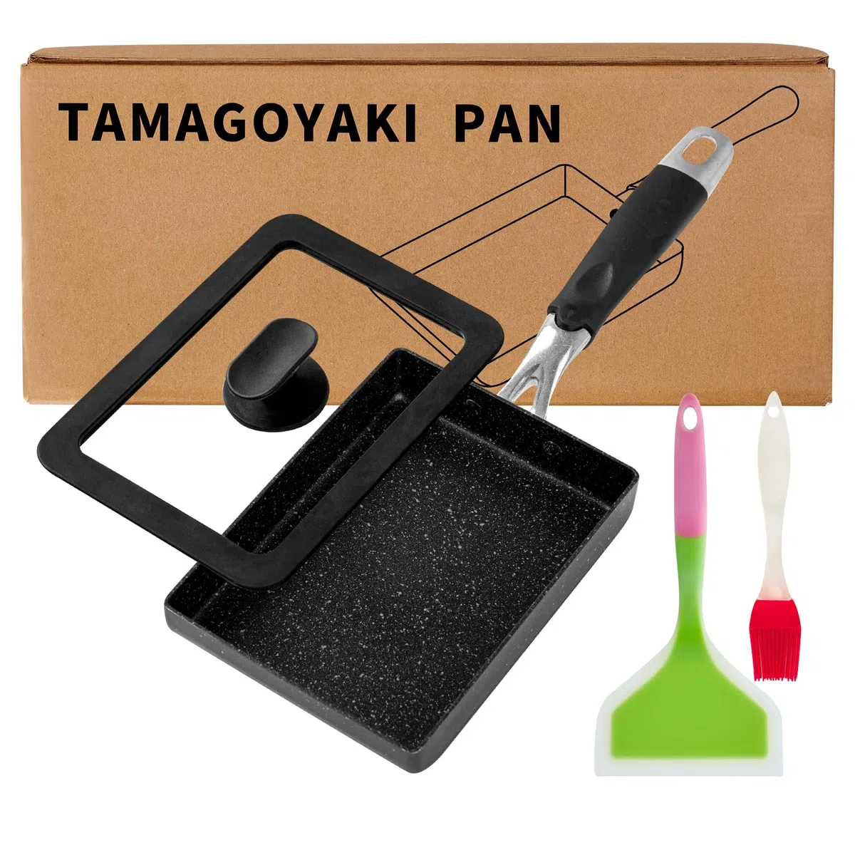 Padella Tamagoyaki di alta qualità, 17,8 x 12,7 cm, per omelette giapponese, con rivestimento antiaderente, coperchio e pennello per olio
