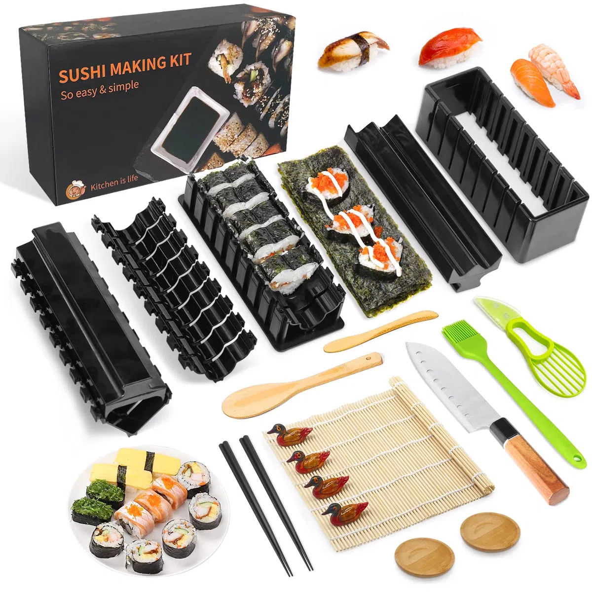 Sushi Maker Kit Stampi per Sushi Kit per Preparazione Sushi set Kit Rulli per Riso Sushi Sushi Maker Cucina DIY Set Completo Adatto per Principianti (21 Pezzi)