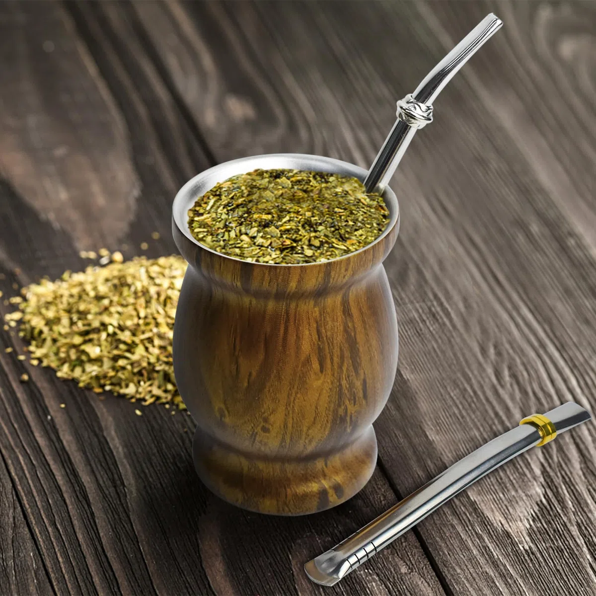 Artcome Set di 8 tazze in acciaio inox per Yerba Mate, 2 tazze da 240 ml in acciaio inox a doppia parete (nero e legno), 4 bombillas (cannuccia Yerba Mate), 2 spazzole, facili da pulire, solide e