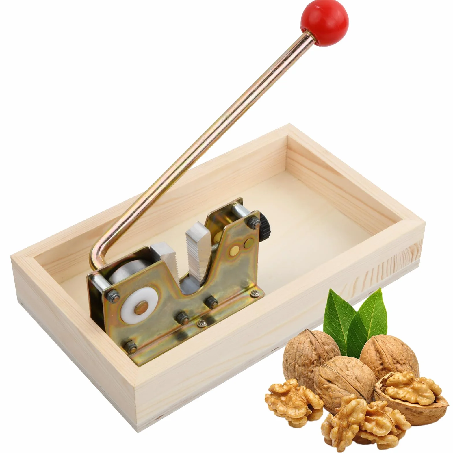Schiaccianoci Noci, Cracker con Funzione Leva Schiaccianoci Acciaio Inox, Dimensione Regolabile Schiaccia Mandorle con Vassoio di Legno, Strumento di Apertura per Noci Macadamia Pecan