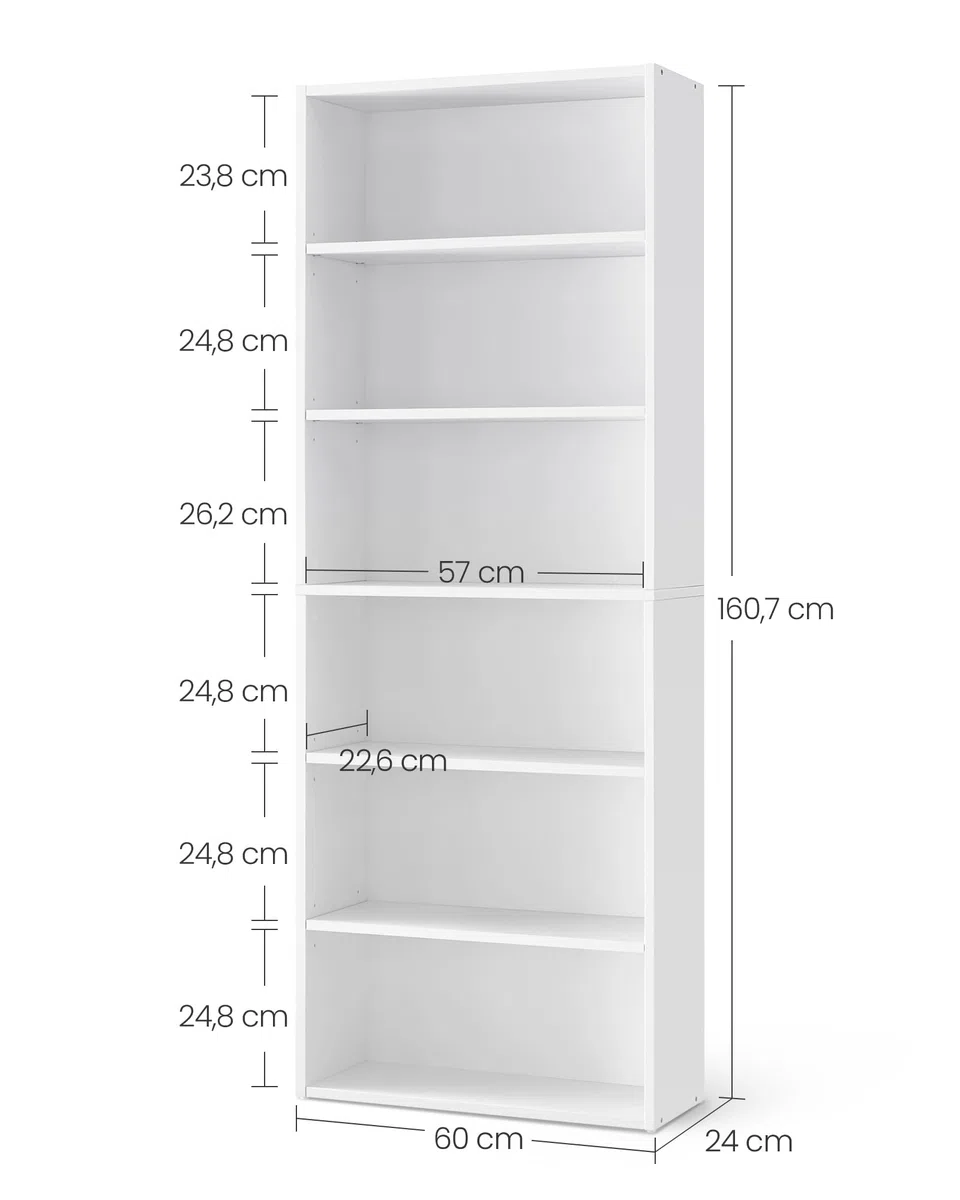 VASAGLE Scaffale a 6 Ripiani, Libreria, Scaffalatura Portaoggetti, Organizzatore con Scomparti, Ripiani Aperti e Regolabili, per Soggiorno, Ufficio, Camera da Letto, Bianco Nuvola LBC166T14