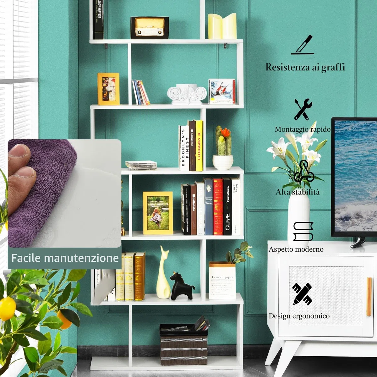 HOMASIS Libreria da Parete a 6 Livelli, Libreria Scaffale in Legno, Divisorio a Parete Multifunzionale con Design Antiribaltamento, Scaffale a S per Ufficio, Salotto, 80 x 23 x 191cm (Bianco)