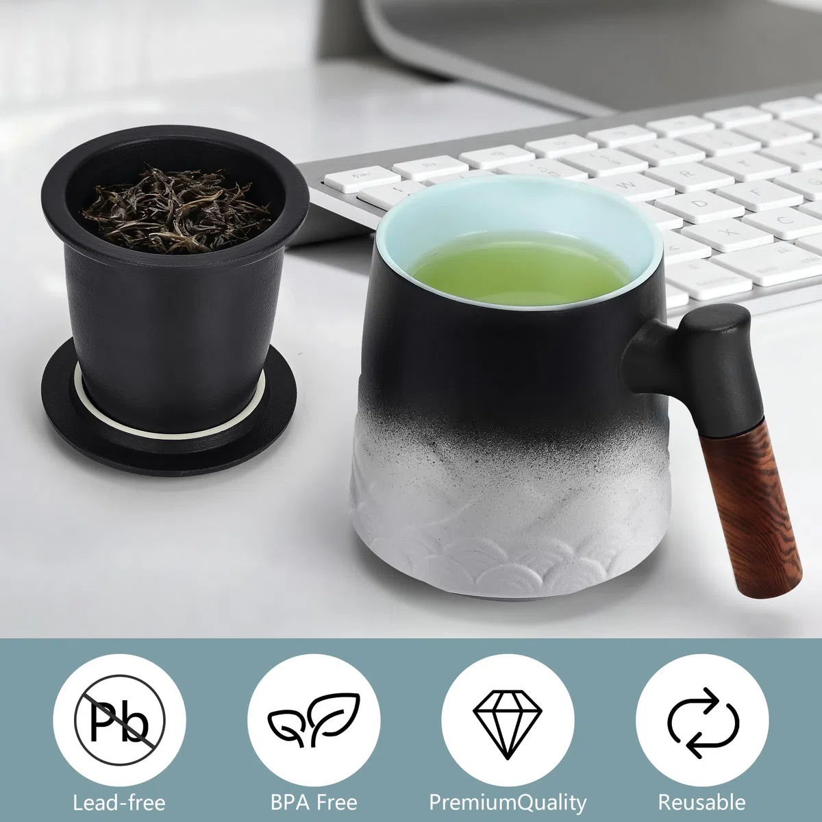 Tazza Tisana con Infusore e Coperchio 500ml, Tazze Ceramica con Filtro per Tisane Manico in Legno Regalo (Bianco)