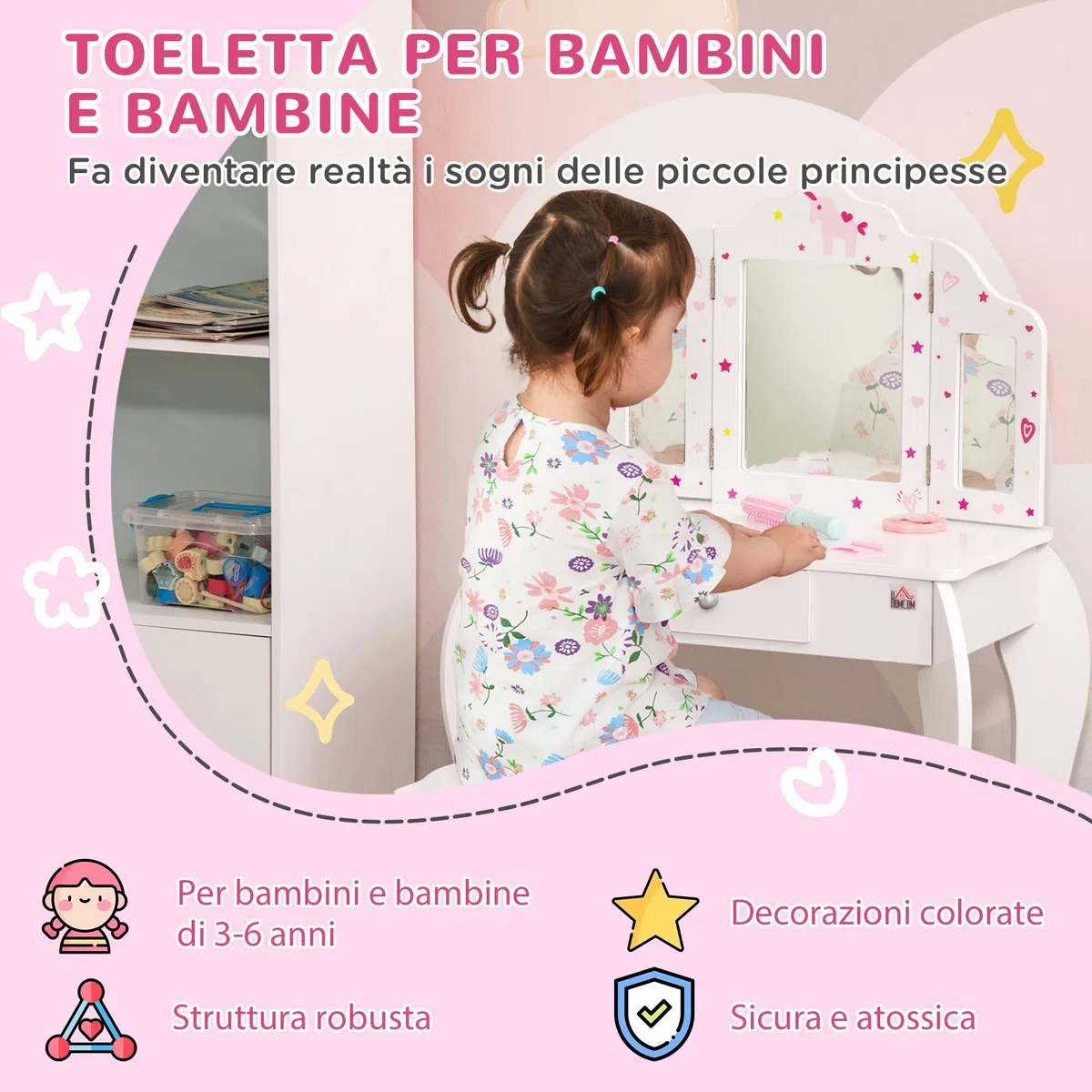 HOMCOM Tavolo da Trucco per Bambini con Sgabello 2 in 1 Scriniva in Legno e Triplo Specchio, Toeletta Trucco in MDF e Acrilico, 63x40x85.5 cm, Bianco e Rosa