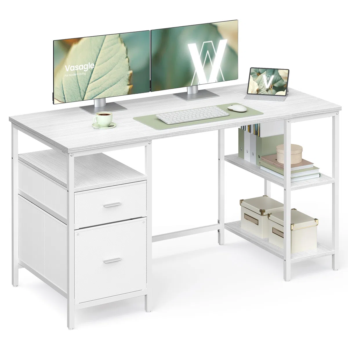 VASAGLE Scrivania per Computer, Tavolo da Ufficio, Scrivania con 3 Ripiani, 2 Cassetti, 140 x 60 x 76 cm, per Ufficio, Soggiorno, Stile Moderno, Bianco Acero e Bianco Nuvola LWD104WF01