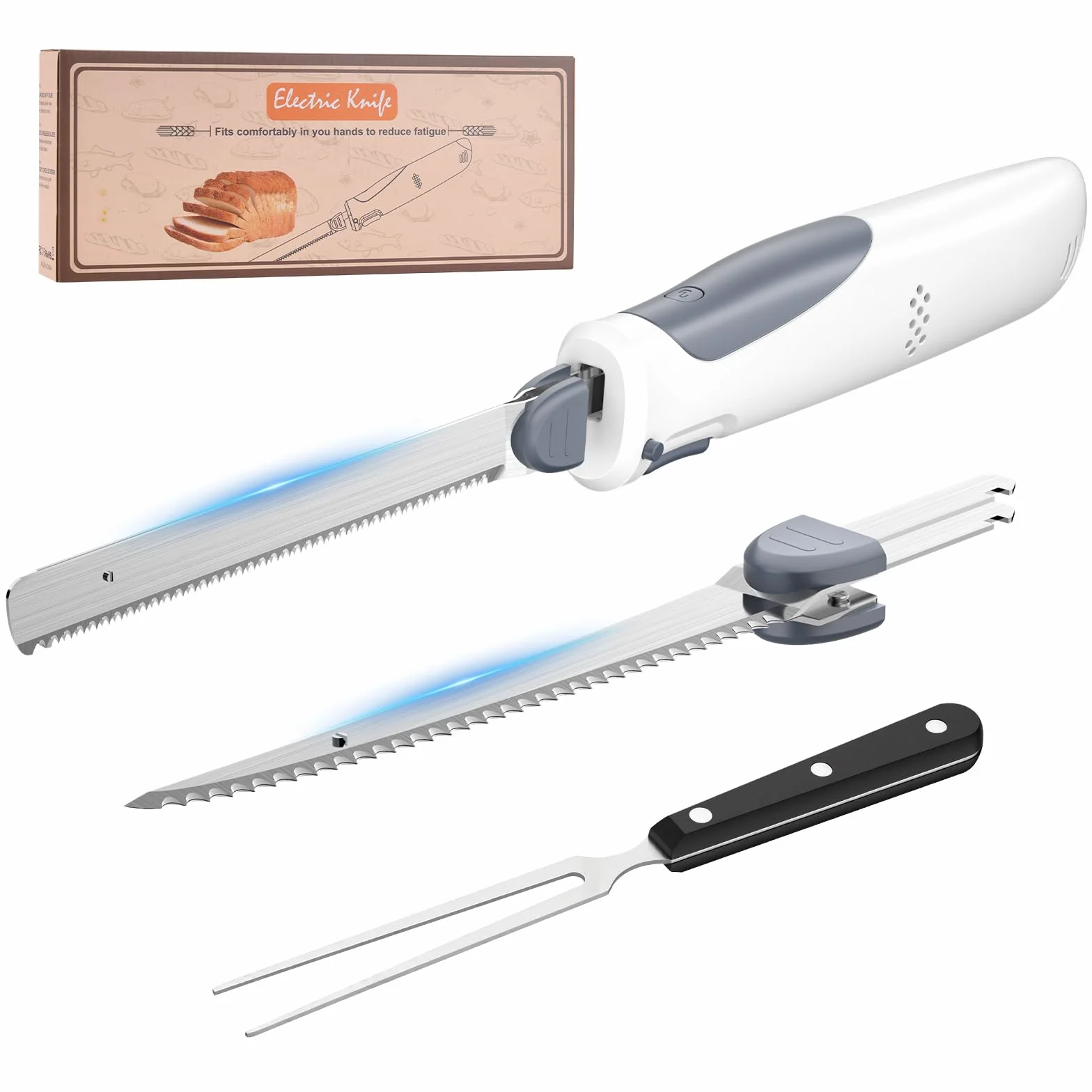 PAHTTO Coltello Elettrico Senza Fili con 2 Lame in Acciaio Inossidabile e Forchetta, 8V con Blocco di Sicurezza, per Carne, Pesce, Pane, Formaggio