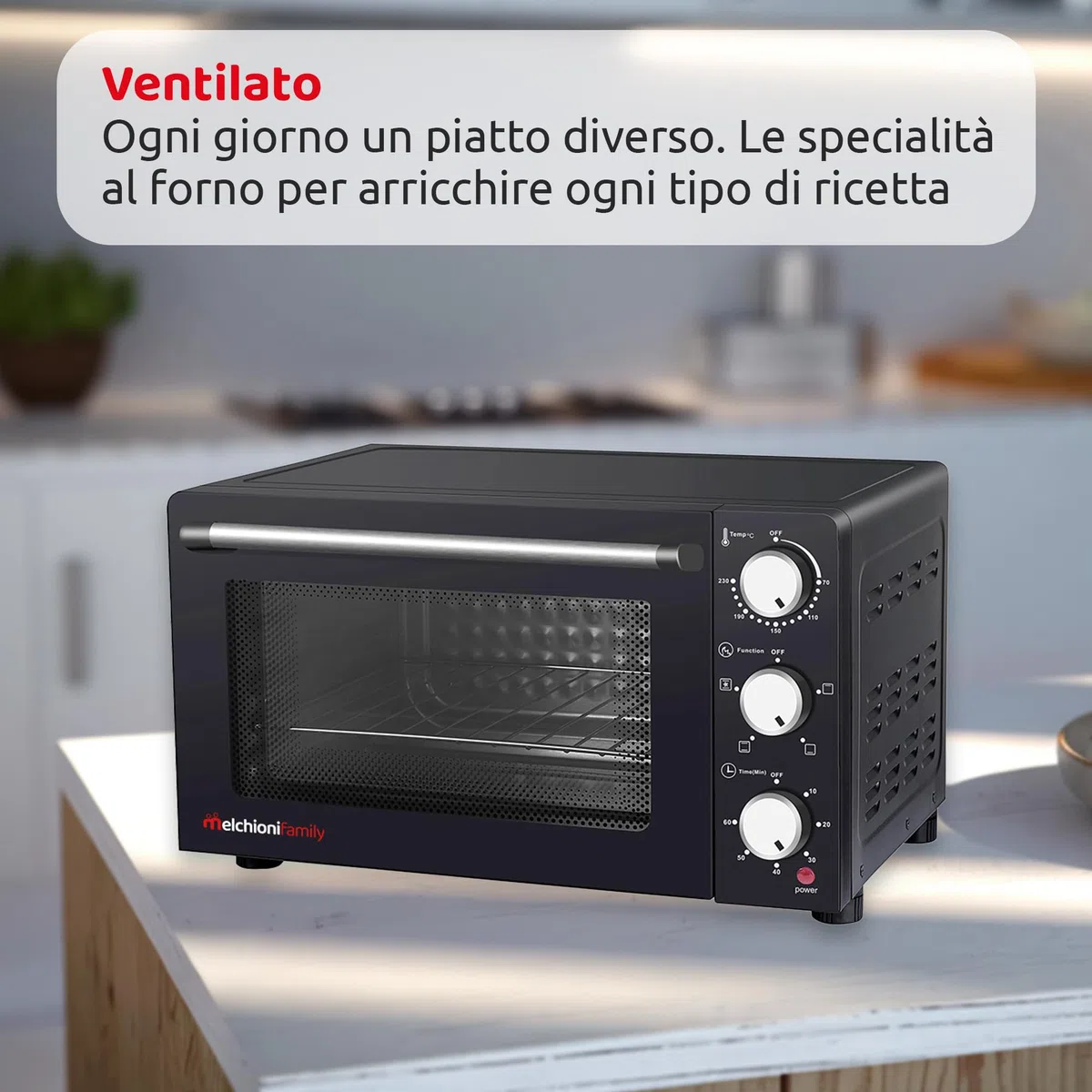 Melchioni Family | Forno Elettrico Ventilato ENJOY 24, Capacità 24 litri, 1200W, Multicottura con Timer 60 Minuti, Termostato Regolabile fino a 230° C
