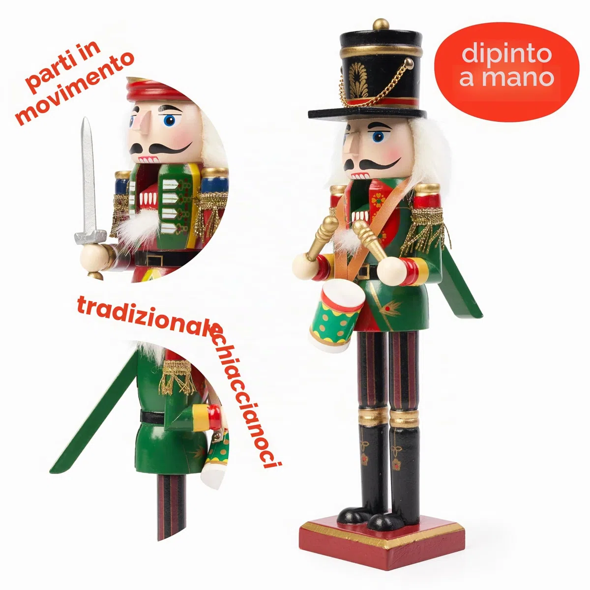 THE TWIDDLERS 2 Schiaccianoci Natale in Legno (30cm) – Soldatini Decorativi Dipinti a Mano – Set Soldato con Spada e Tamburo – Decorazione Natalizia Classica per Camino, Tavola e Mensole – Rosso e Oro
