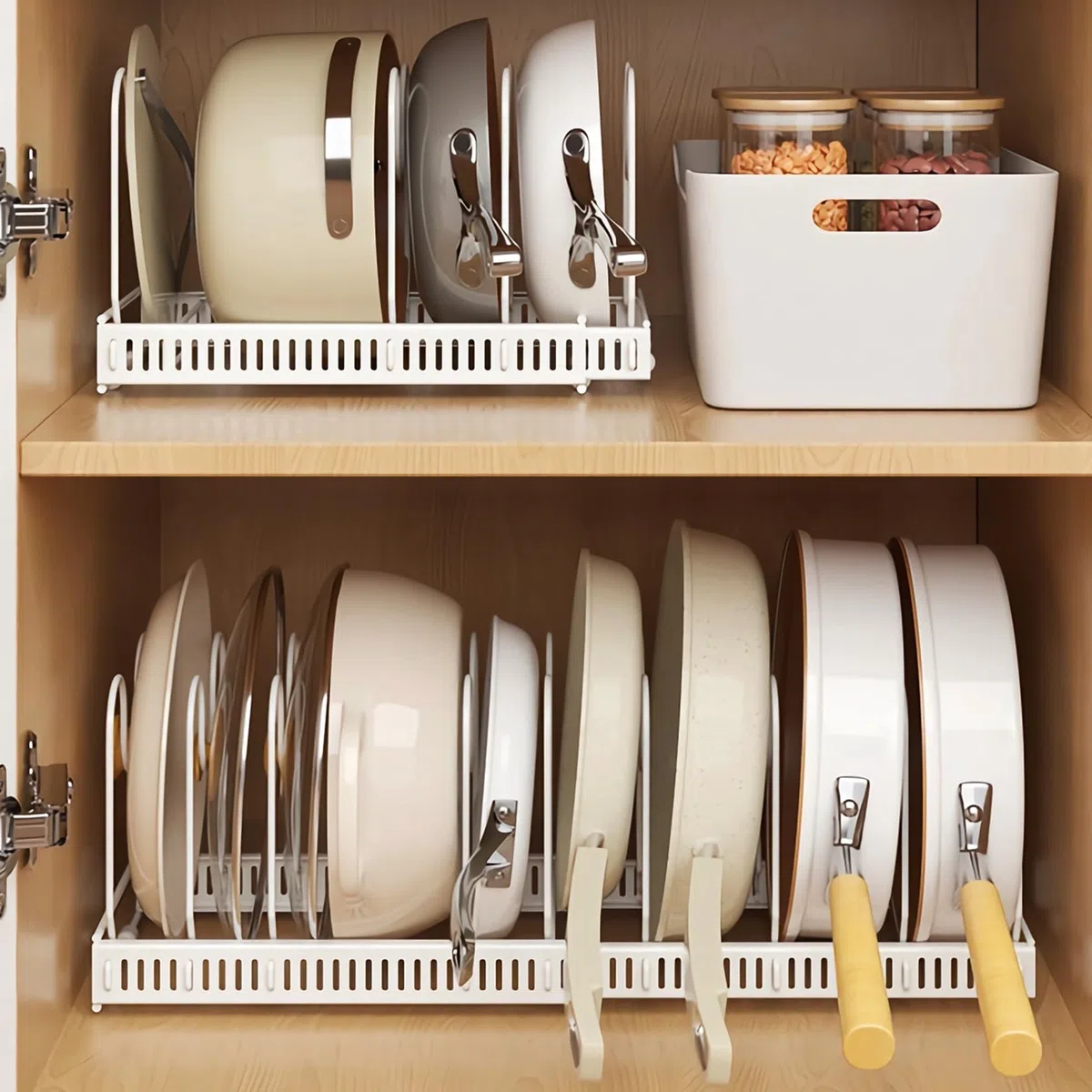 Porta Coperchi Pentole Salvaspazio, Organizer Pentole e Padelle con 10 Scomparti Regolabili, Organizer Cucina, Porta Pentole Salvaspazio da Cassettone, Bianco