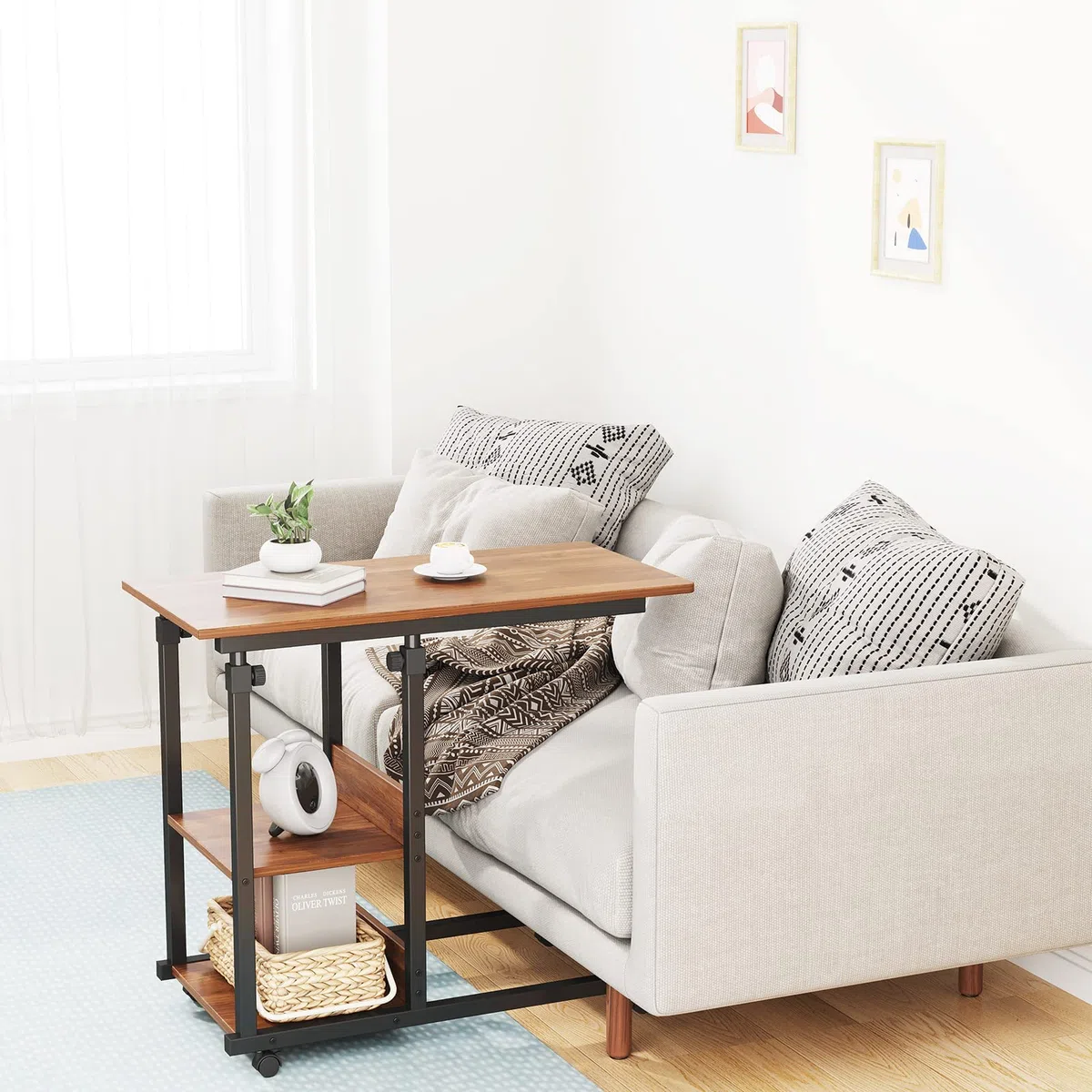 Dripex Scrivania per Computer con Ruote Tavolino 80x40x89 cm Altezza Regolabile Tavolo PC Salvaspazio Mobile per Laptop con Ripiani per comodino, tavolino da caffè, camera da letto (Marrone Scuro)