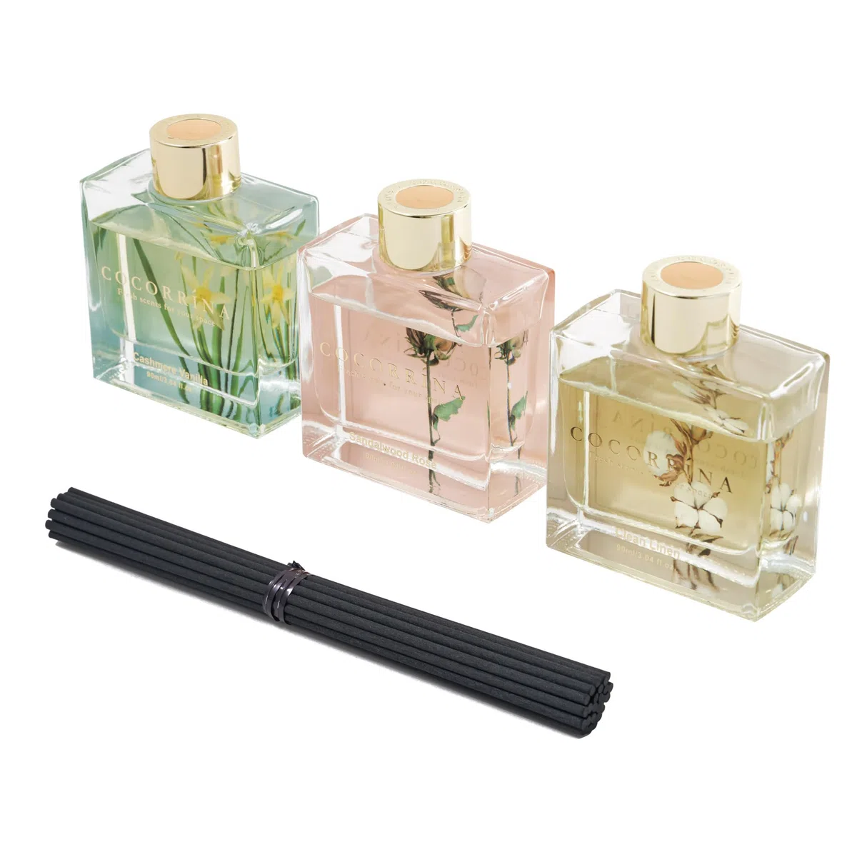 COCORRÍNA Profumatore per Ambienti, 3 Pack/ 90ml Cashmere Vaniglia/Sandalo Rosa/Lino Pulito Diffusore Profumo Ambiente con 24 Bastoncini, per Bagno, Appartamento, Decorazione della Casa