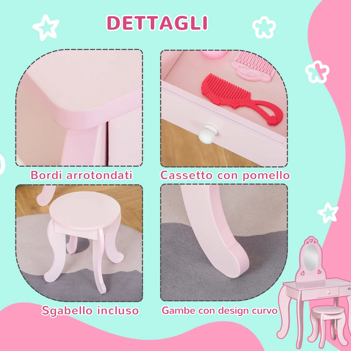 HOMCOM Toeletta Trucco Bambina con Sgabello in Legno, Postazione Trucco Bambina, Tavolo Trucco per Bambini 3-6 Anni con Specchio e Cassetto, Rosa