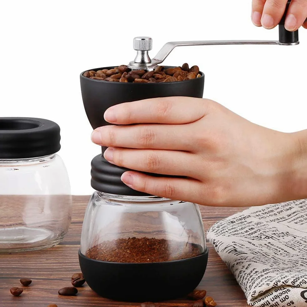 Macina Caffè - Macinacaffè Manuale, Acciaio Inossidabile e Vetro, Con Macine in Ceramica Regolabili, Facile da Pulire, Ideale per Caffè, Espresso, French Press e Pour Over
