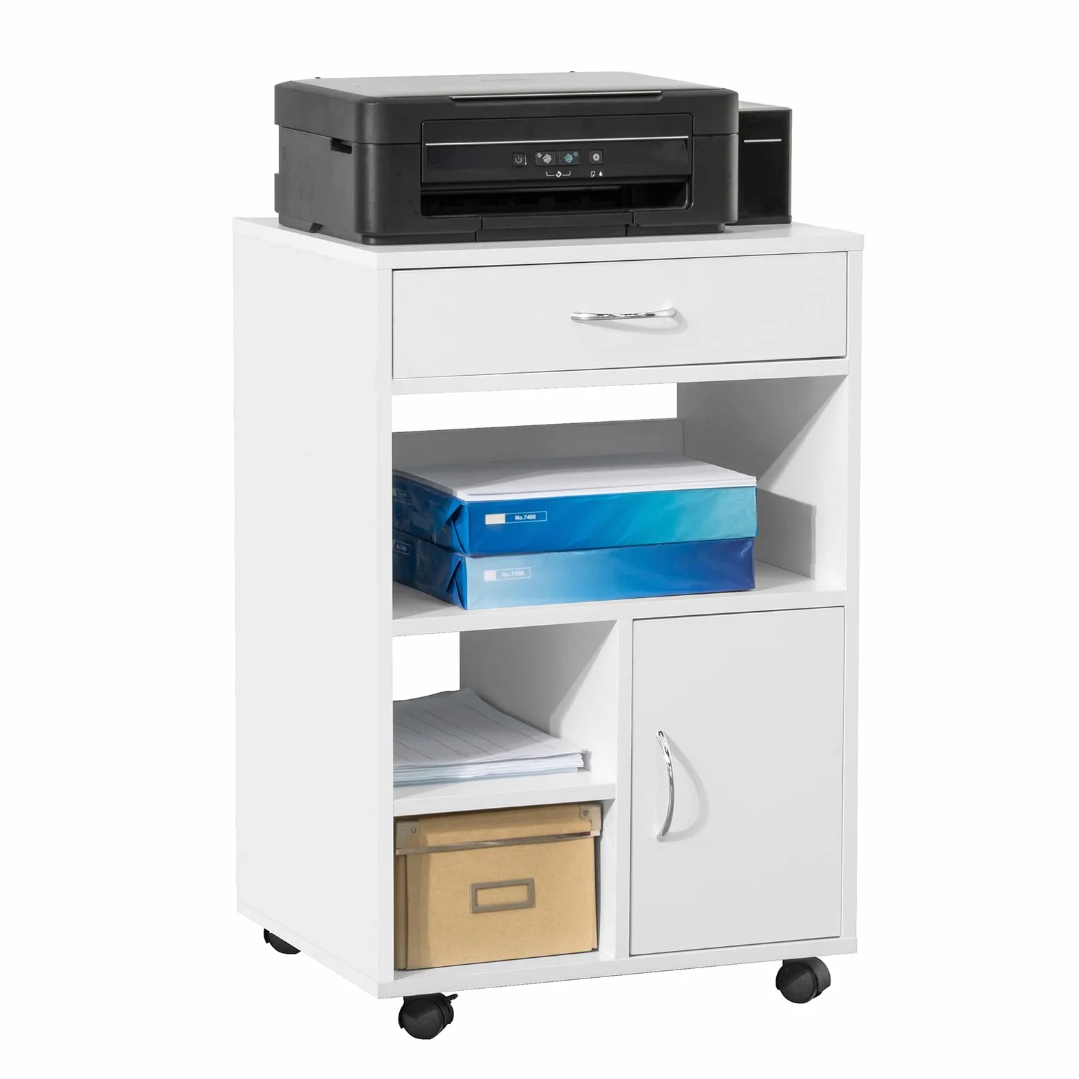 SoBuy Cassettiera Ufficio Cassettiera Scrivania con Ruote Porta Stampante Schedario da Ufficio con Cassetto, Anta e Ripiani Tavolino Salvaspazio Bianco 50x40x75cm FBT106-W