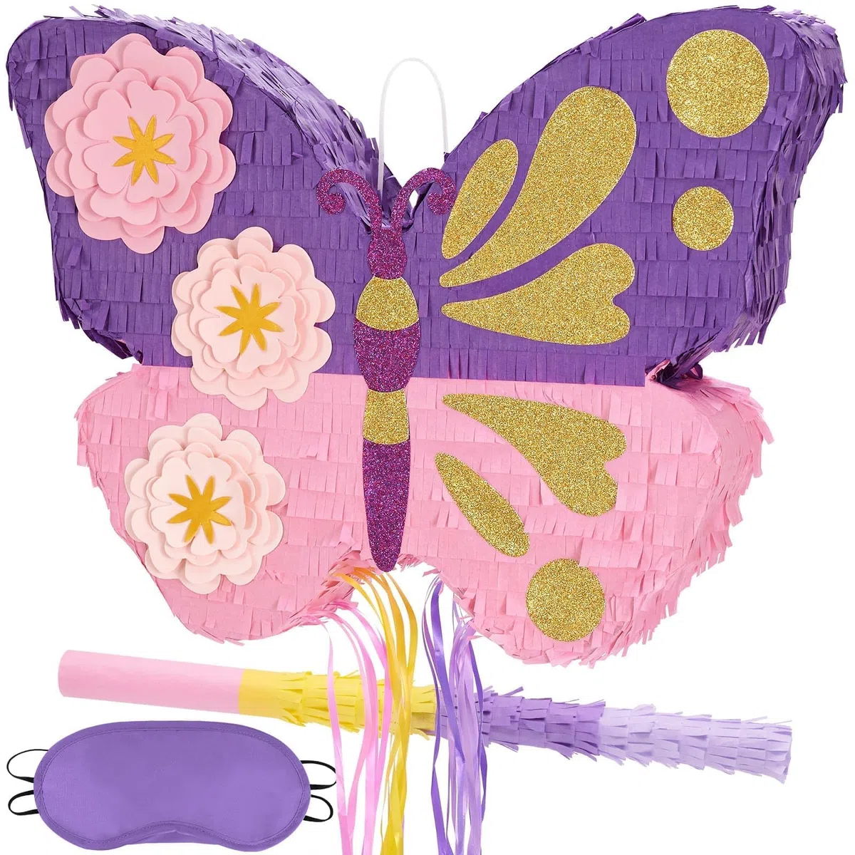 WERNNSAI Farfalla Pinata – farfalla compleanno pinata decorazione ragazza bambini rosa viola fiori piñata con bastone maschera occhi nappa coulisse festa di compleanno decorazione divertente piñata