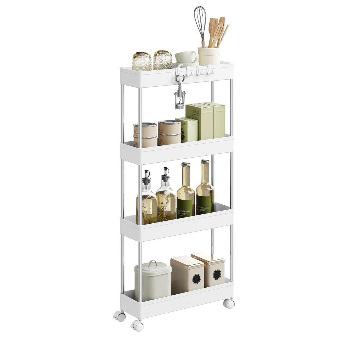 WOLTU Carrello da Cucina a 4 Ripiani, Carrello Portaoggetti con Ruote e 4 Ganci, Carrellino Salvaspazio per Cucina, Bagno e Lavanderia, in Plastica e Metallo, 41,5 x 86 x 13,5 cm, Bianco