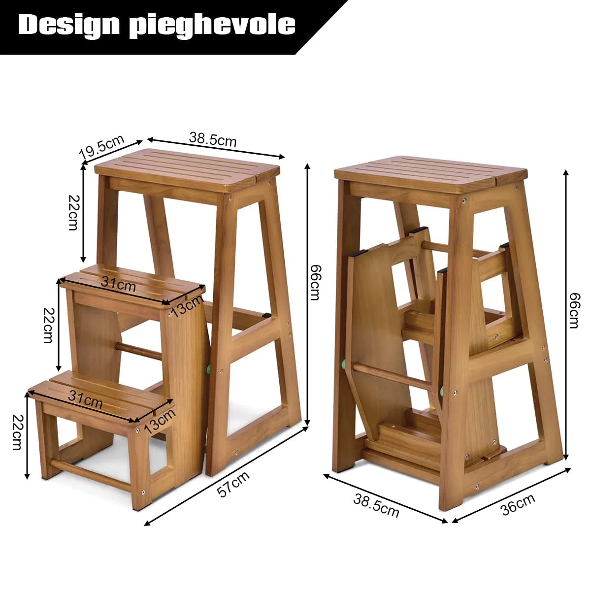 RELAX4LIFE 2 in 1 Sgabello Scaletta in Legno a 3 Gradini, Richiudibile per Cucina, Camera da letto, Ufficio, Negozio (Marrone Chiaro)