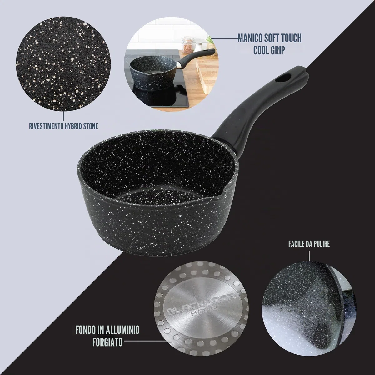 Blackmoor Pentola per il Latte da 16 cm/Rivestimento Antiaderente/Manico Cool Touch/Caratteristiche Unico Beccuccio Versatore/Induzione, a Gas ed Elettrici/Nero