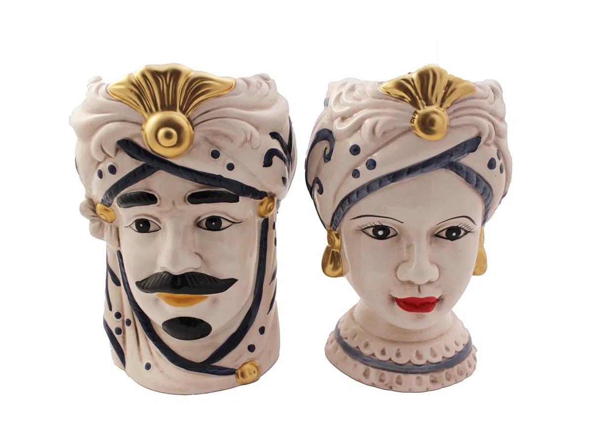 ILAB Coppia Teste di Moro Regina e re in Ceramica siciliana Decorata a Mano Blu e Oro Moderno gic h25cm