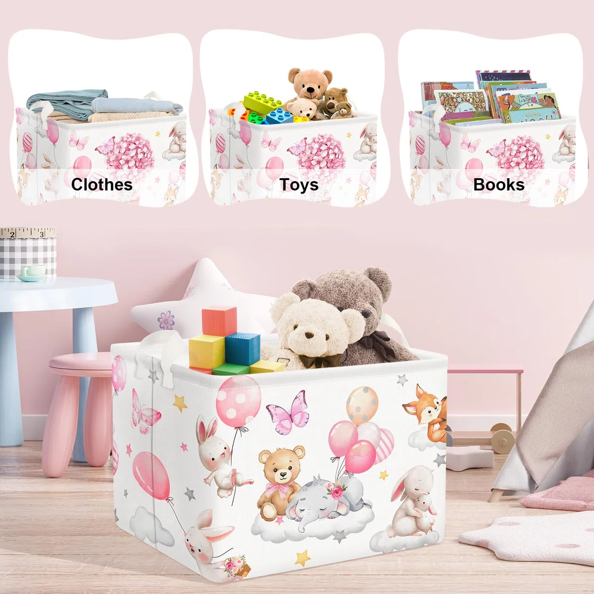 Clastyle Cestino Portaoggetti Fiore Rosa Mongolfiera Elefante Che Dorme Ceste per la Biancheria Giocattoli Rettangolare per Camera dei Bambini, 40x30x30 cm