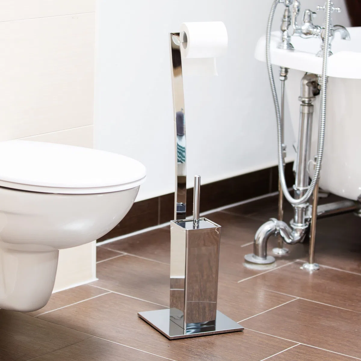Relaxdays Set da Accessori per WC, Porta Scopino in Acciaio Inox, Piantana Portarotolo HLP 71 x 20 x 20 cm, Argentato