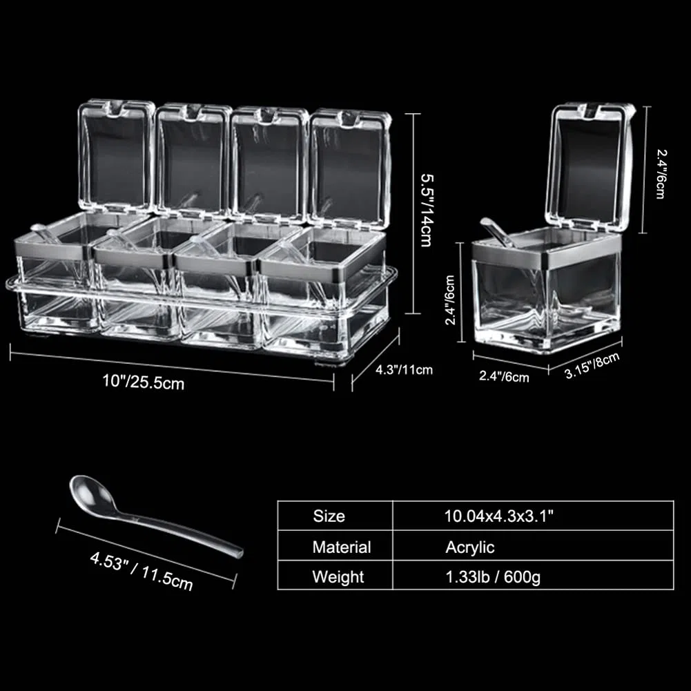 LOYUYU Scatola di Condimento, Condimento Rack Spice Pots, Contenitore di Stoccaggio Condimento Vasi, 4 Pezzi Trasparente Acrilico Cruet Con Coperchio e Cucchiaio Trasparente