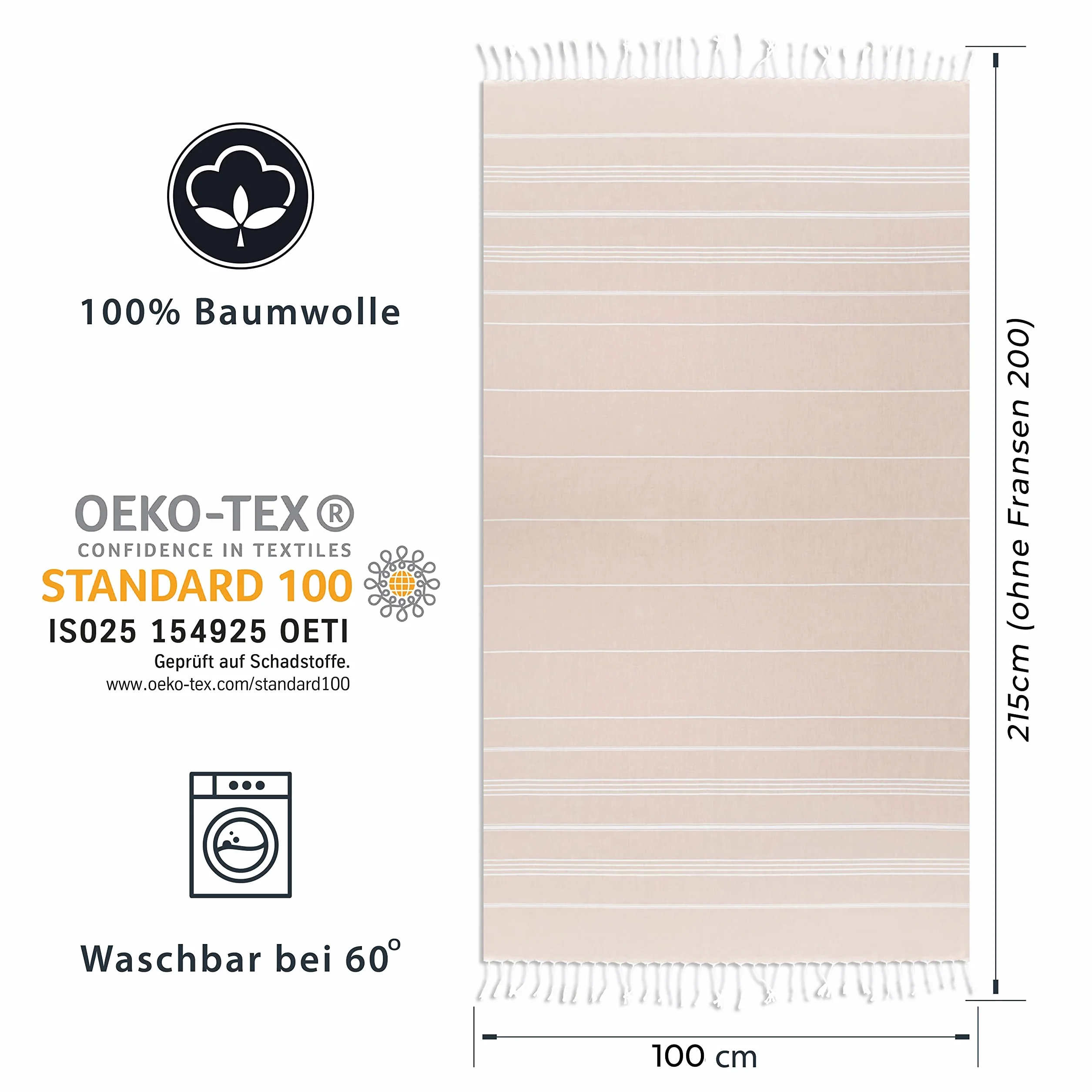 LAYNENBURG Set di 2 telo mare premium con frange annodate a mano - 100% cotone Telo fouta hammam XXL 100x200 cm - OEKO-TEX 100 - telo hamam grande - asciugamano sauna e pestemal (Beige)